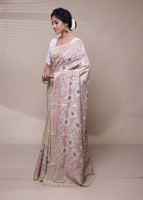 Cream Handloom Kantha Stitch Pure Silk Saree With Blouse Piece