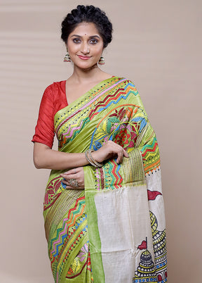 Green Handloom Kantha Stitch Pure Silk Saree With Blouse Piece