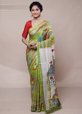 Green Handloom Kantha Stitch Pure Silk Saree With Blouse Piece