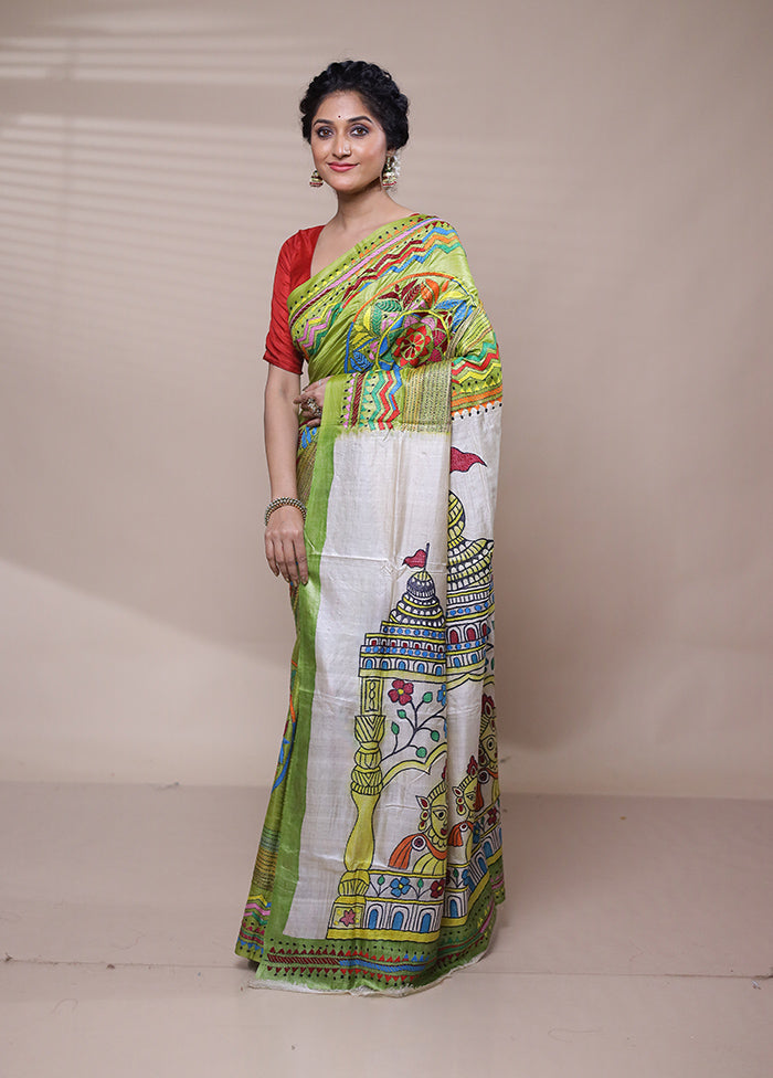 Green Handloom Kantha Stitch Pure Silk Saree With Blouse Piece