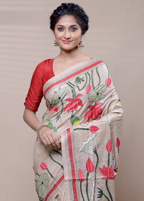 Cream Handloom Kantha Stitch Pure Silk Saree With Blouse Piece