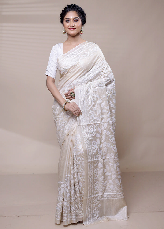 White Handloom Kantha Stitch Pure Silk Saree With Blouse Piece