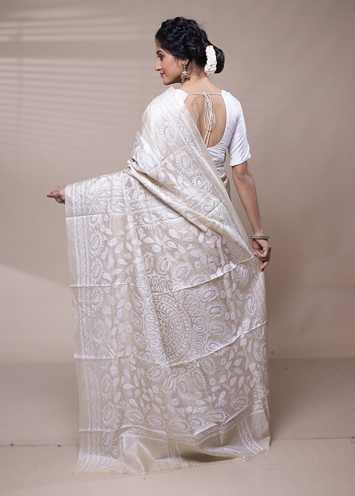 White Handloom Kantha Stitch Pure Silk Saree With Blouse Piece