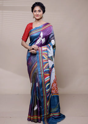 Blue Handloom Kantha Stitch Pure Silk Saree With Blouse Piece