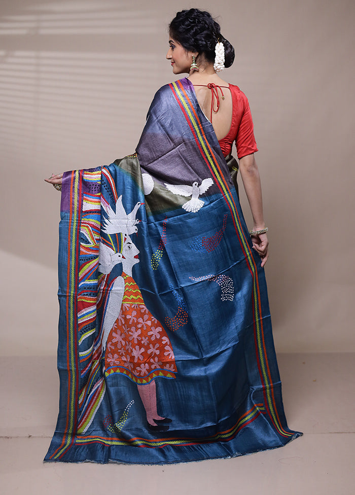 Blue Handloom Kantha Stitch Pure Silk Saree With Blouse Piece