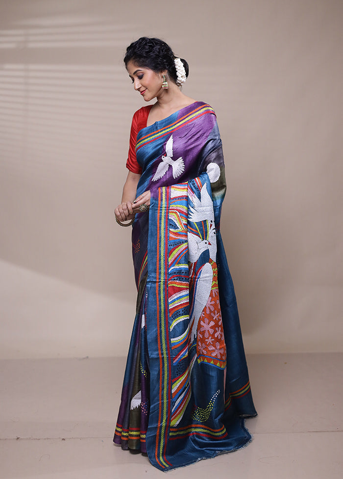 Blue Handloom Kantha Stitch Pure Silk Saree With Blouse Piece