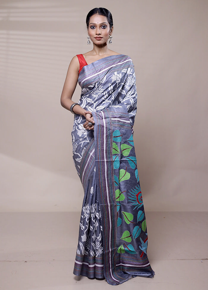 Grey Handloom Kantha Stitch Pure Silk Saree With Blouse Piece