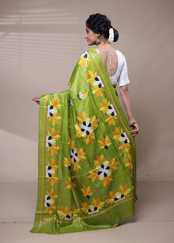 Green Handloom Kantha Stitch Pure Silk Saree With Blouse Piece