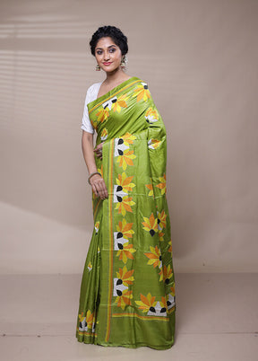 Green Handloom Kantha Stitch Pure Silk Saree With Blouse Piece