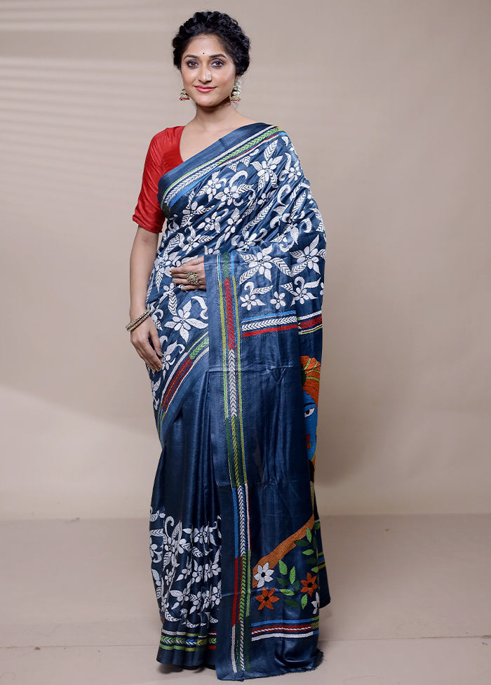 Blue Handloom Kantha Stitch Pure Silk Saree With Blouse Piece