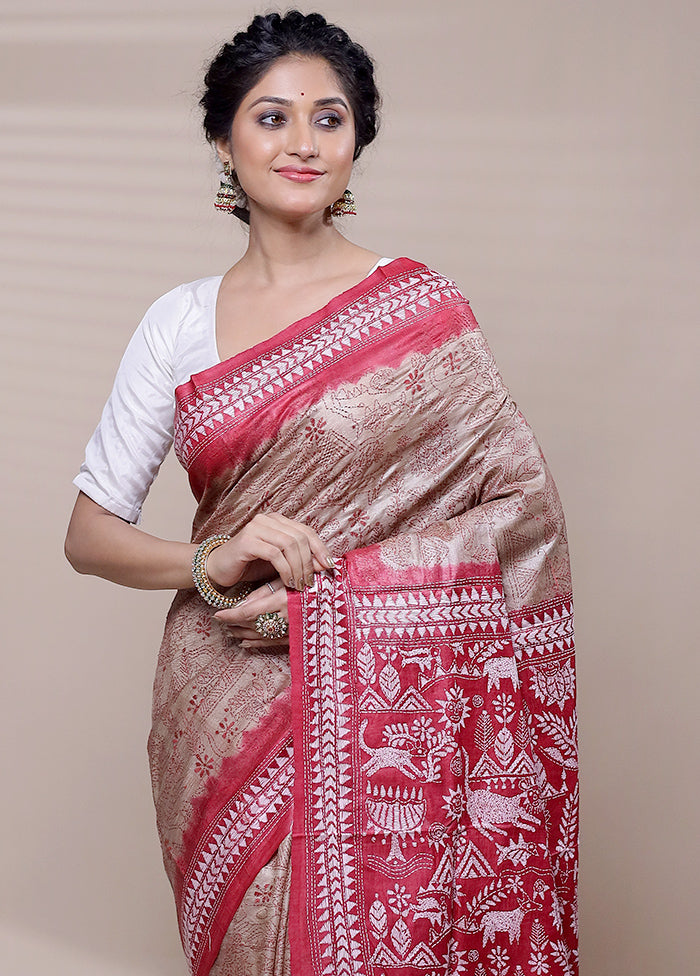 Brown Handloom Kantha Stitch Pure Silk Saree With Blouse Piece