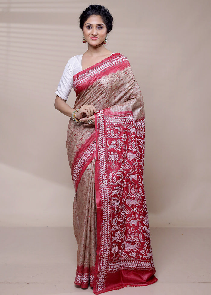 Brown Handloom Kantha Stitch Pure Silk Saree With Blouse Piece