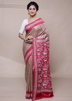 Brown Handloom Kantha Stitch Pure Silk Saree With Blouse Piece