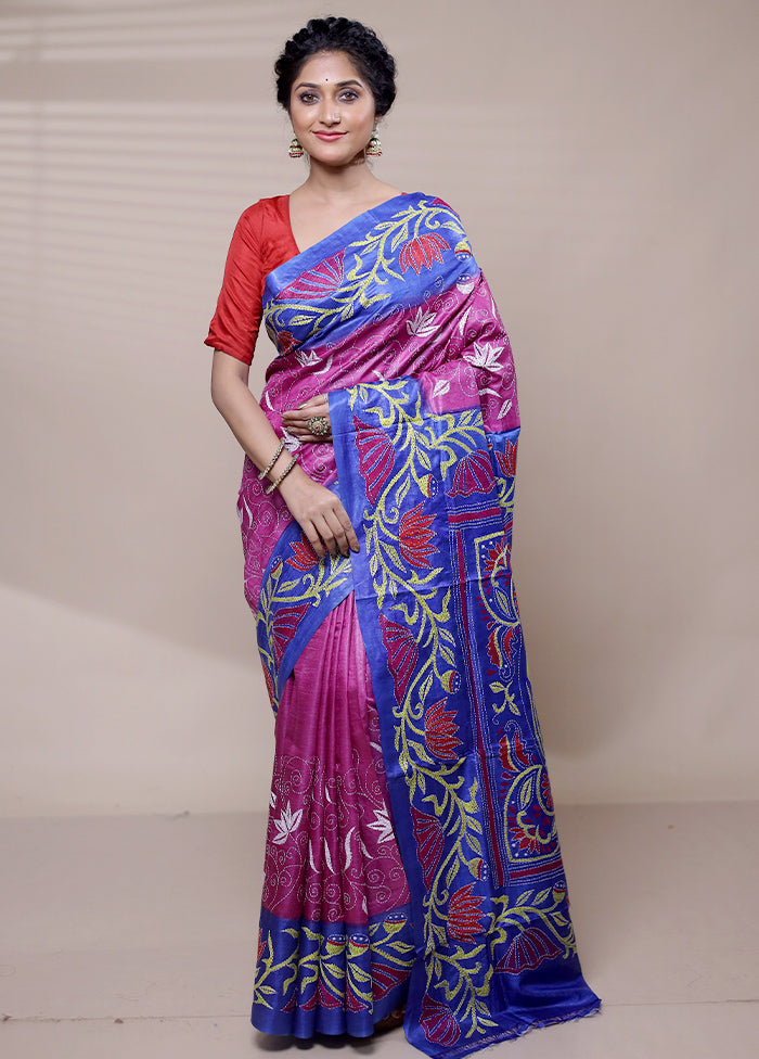 Pink Handloom Kantha Stitch Pure Silk Saree With Blouse Piece