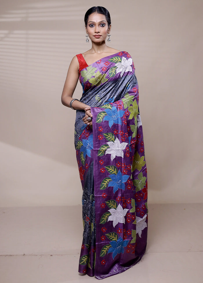 Grey Handloom Kantha Stitch Pure Silk Saree With Blouse Piece