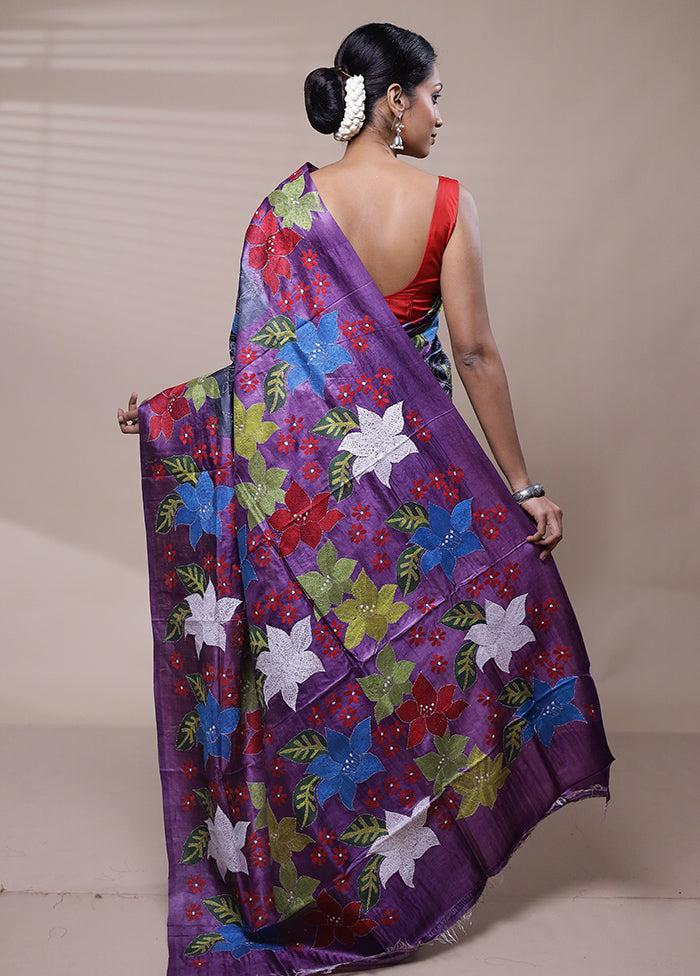 Grey Handloom Kantha Stitch Pure Silk Saree With Blouse Piece