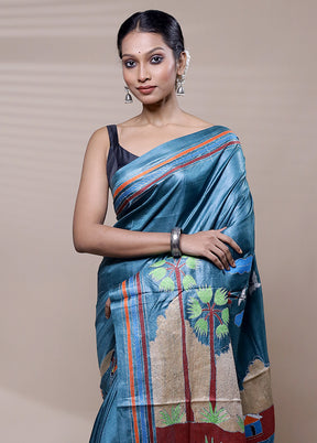 Blue Handloom Kantha Stitch Pure Silk Saree With Blouse Piece