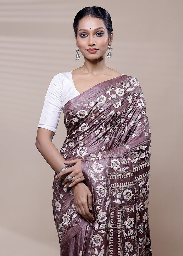 Brown Handloom Kantha Stitch Pure Silk Saree With Blouse Piece