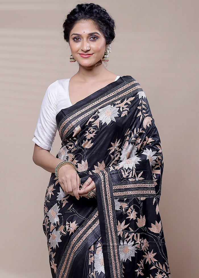 Black Handloom Kantha Stitch Pure Silk Saree With Blouse Piece