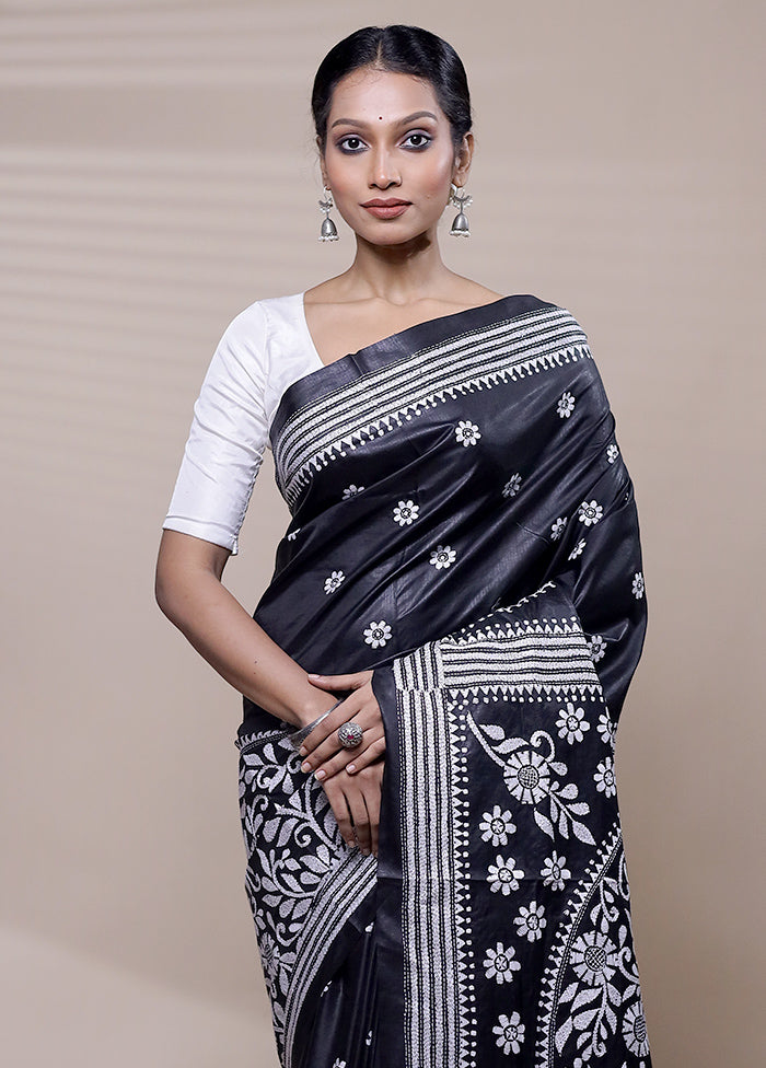 Black Handloom Kantha Stitch Pure Silk Saree With Blouse Piece