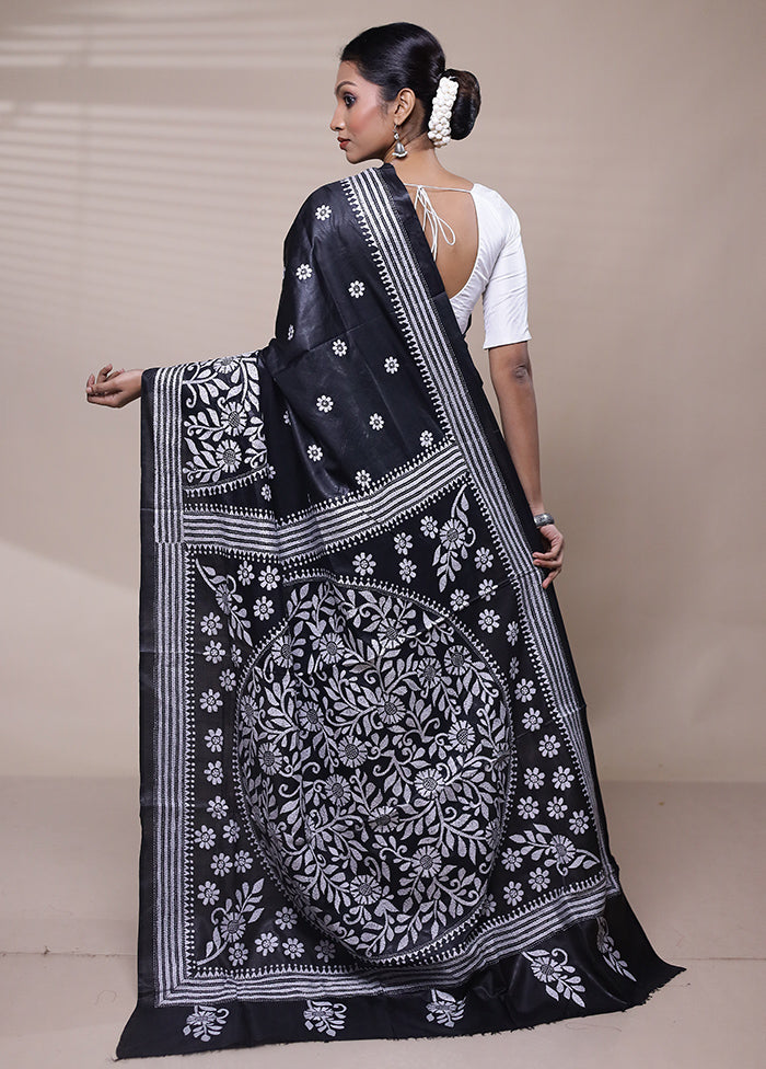 Black Handloom Kantha Stitch Pure Silk Saree With Blouse Piece