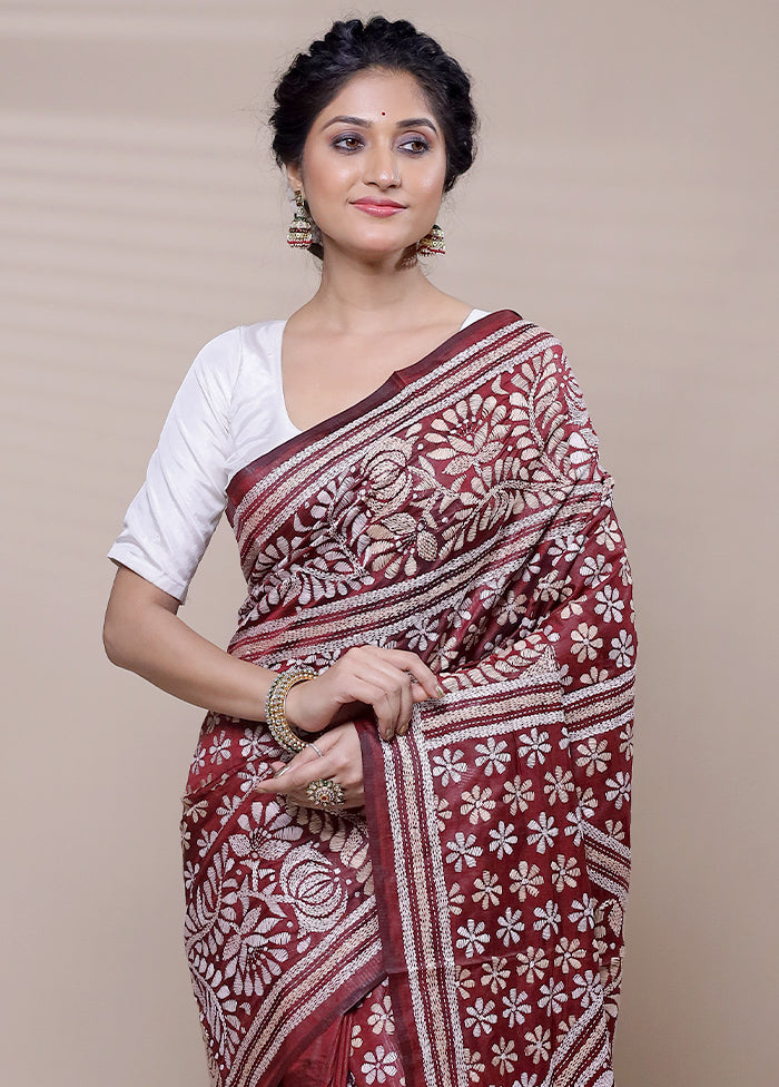 Maroon Handloom Kantha Stitch Pure Silk Saree With Blouse Piece