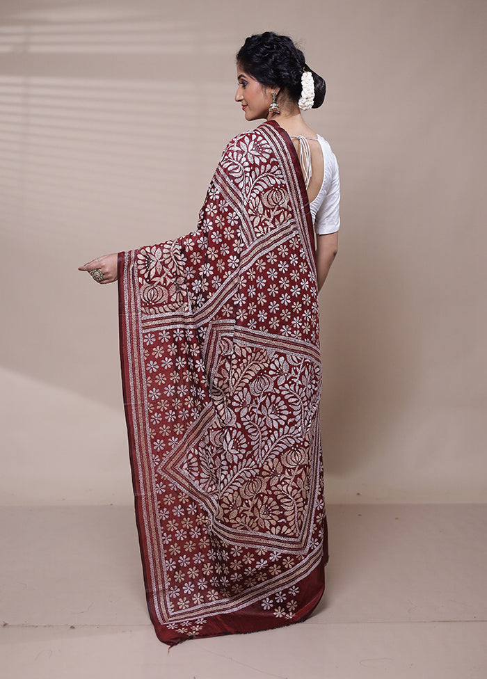 Maroon Handloom Kantha Stitch Pure Silk Saree With Blouse Piece