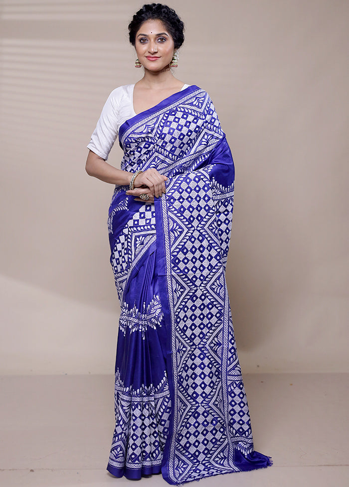 Blue Handloom Kantha Stitch Pure Silk Saree With Blouse Piece