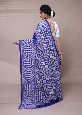 Blue Handloom Kantha Stitch Pure Silk Saree With Blouse Piece