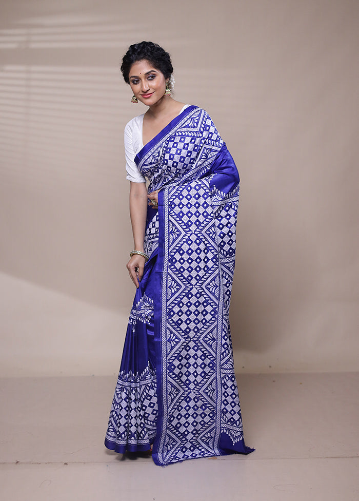 Blue Handloom Kantha Stitch Pure Silk Saree With Blouse Piece