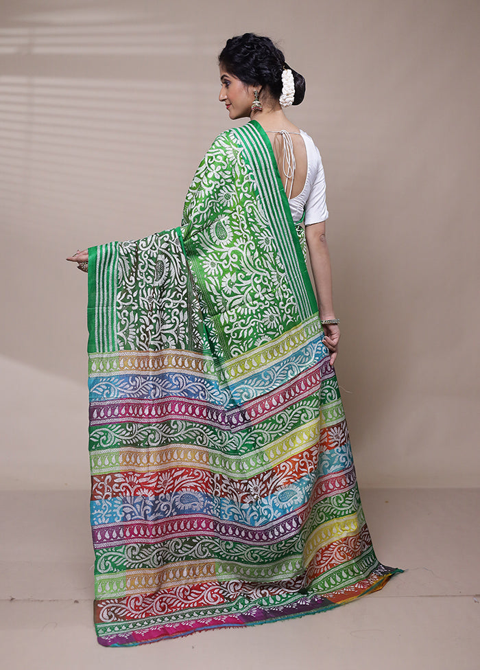 Green Handloom Kantha Stitch Pure Silk Saree With Blouse Piece