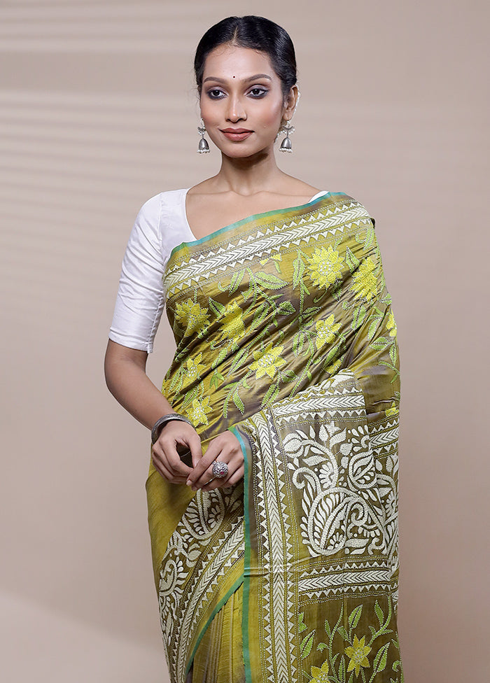 Green Handloom Kantha Stitch Pure Silk Saree With Blouse Piece