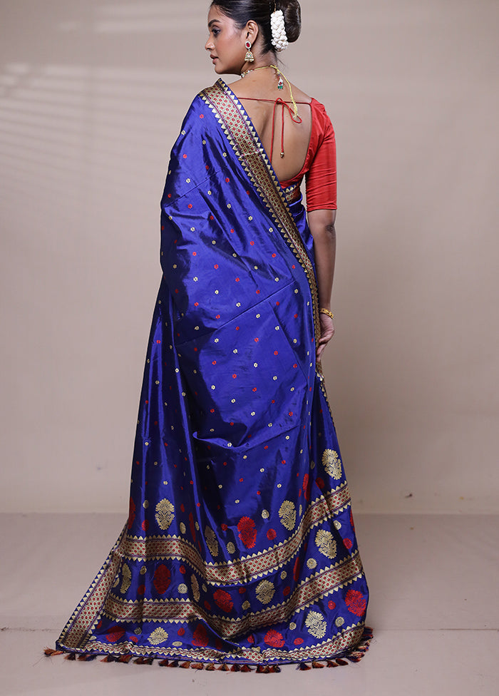 Blue Handloom Assam Pure Silk Saree With Blouse Piece