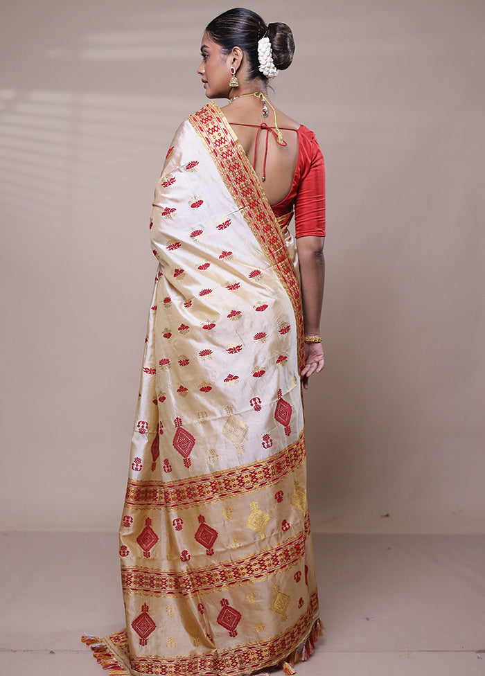 Cream Handloom Assam Pure Silk Saree With Blouse Piece