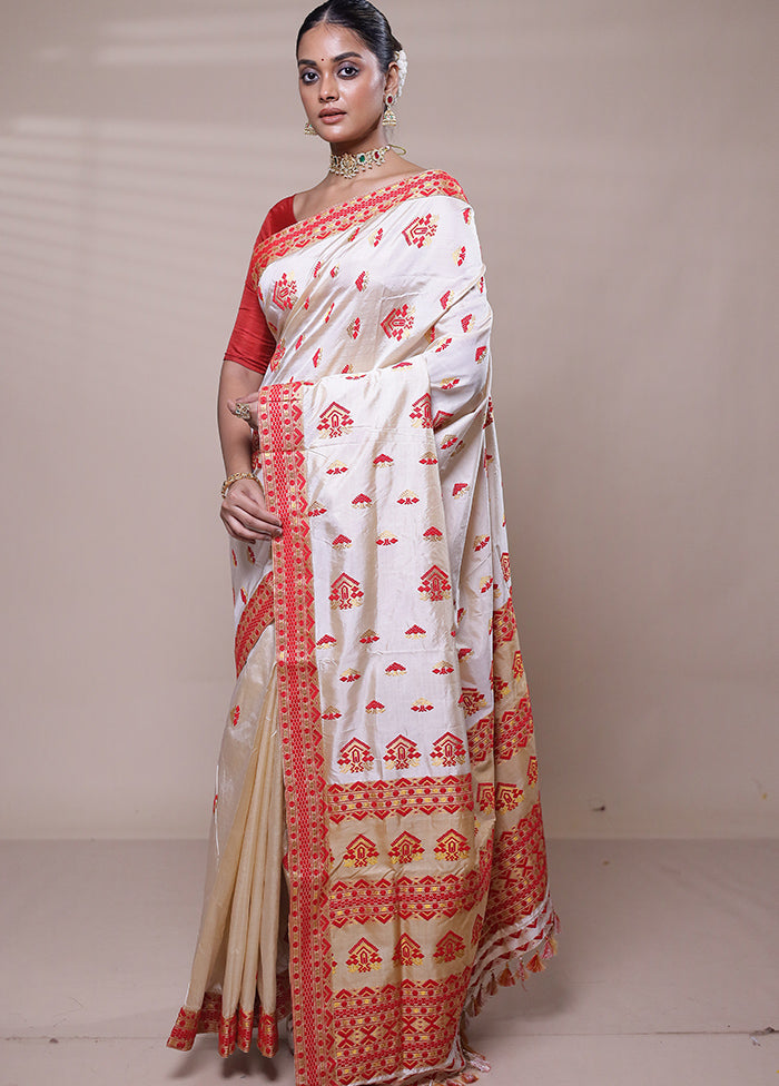 Cream Handloom Assam Pure Silk Saree With Blouse Piece