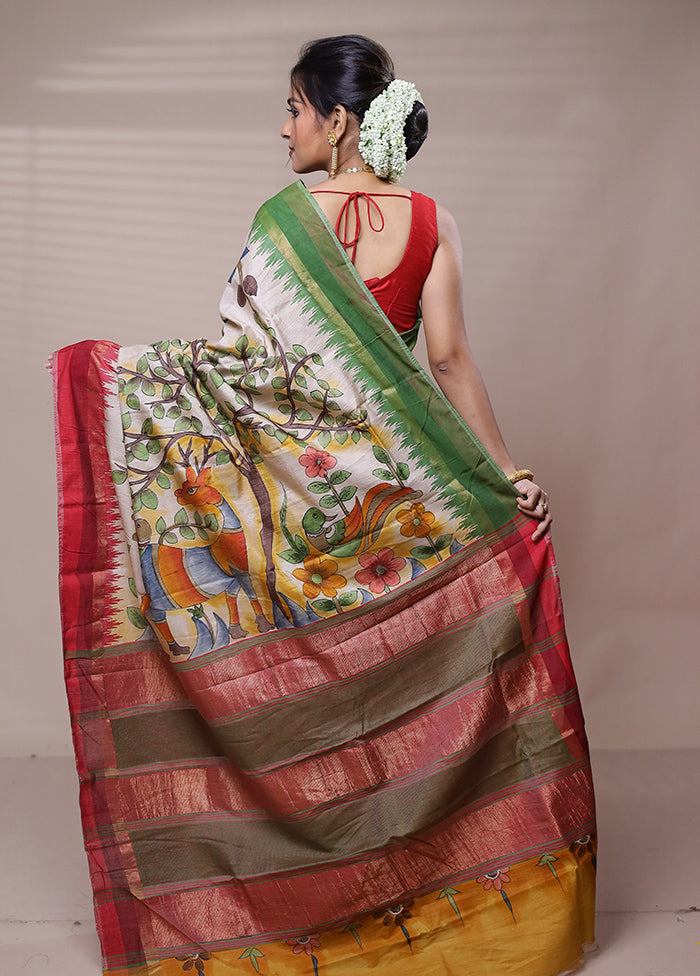 White Handloom Tussar Pure Silk Saree With Blouse Piece