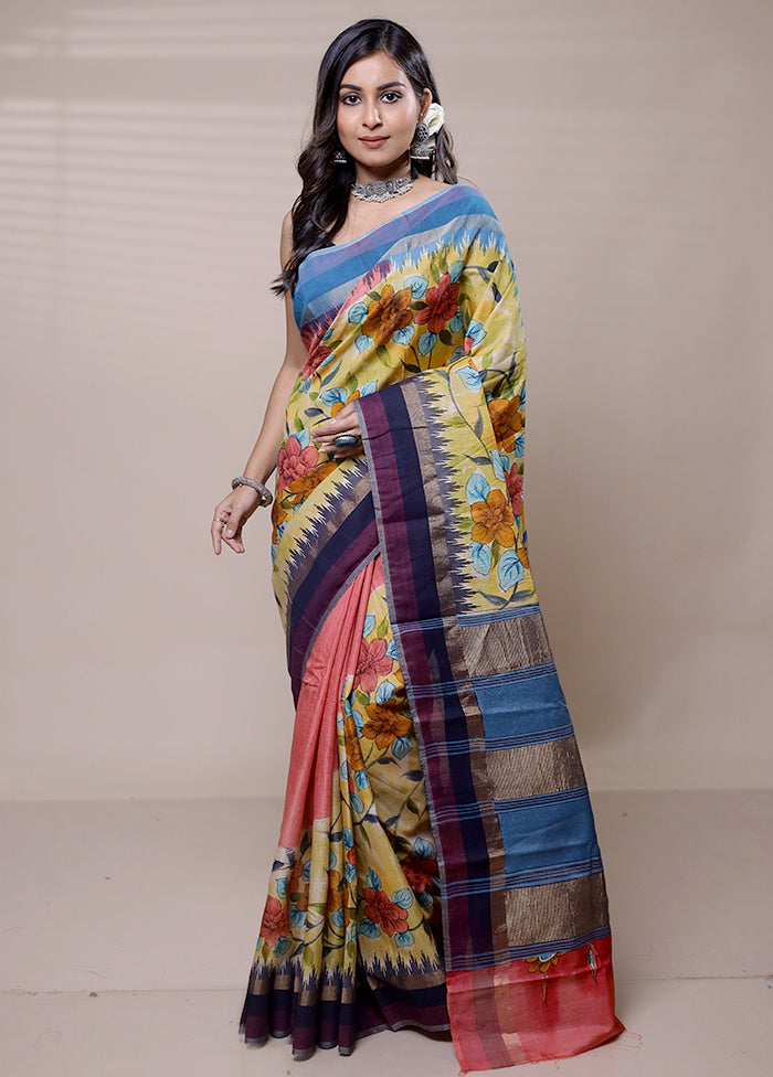 Yellow Handloom Tussar Pure Silk Saree With Blouse Piece