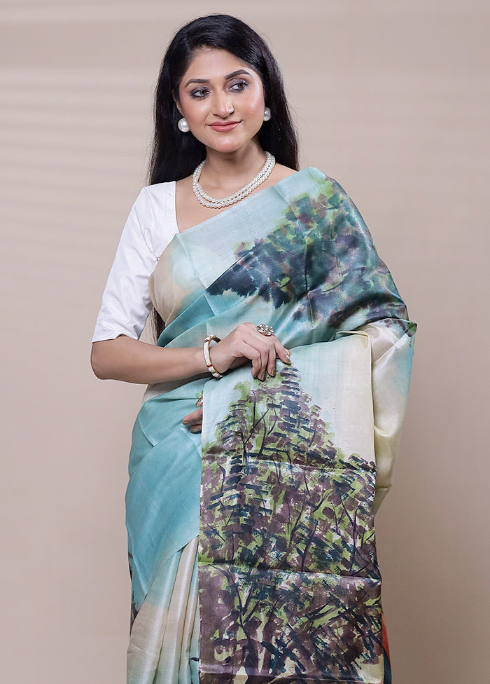 Blue Handloom Tussar Pure Silk Saree With Blouse Piece