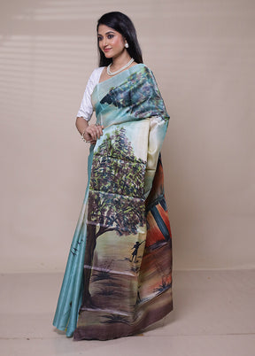 Blue Handloom Tussar Pure Silk Saree With Blouse Piece