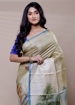 Cream Handloom Tussar Pure Silk Saree With Blouse Piece