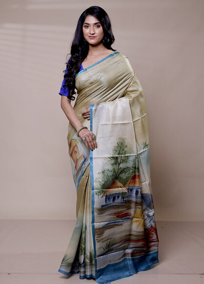 Cream Handloom Tussar Pure Silk Saree With Blouse Piece