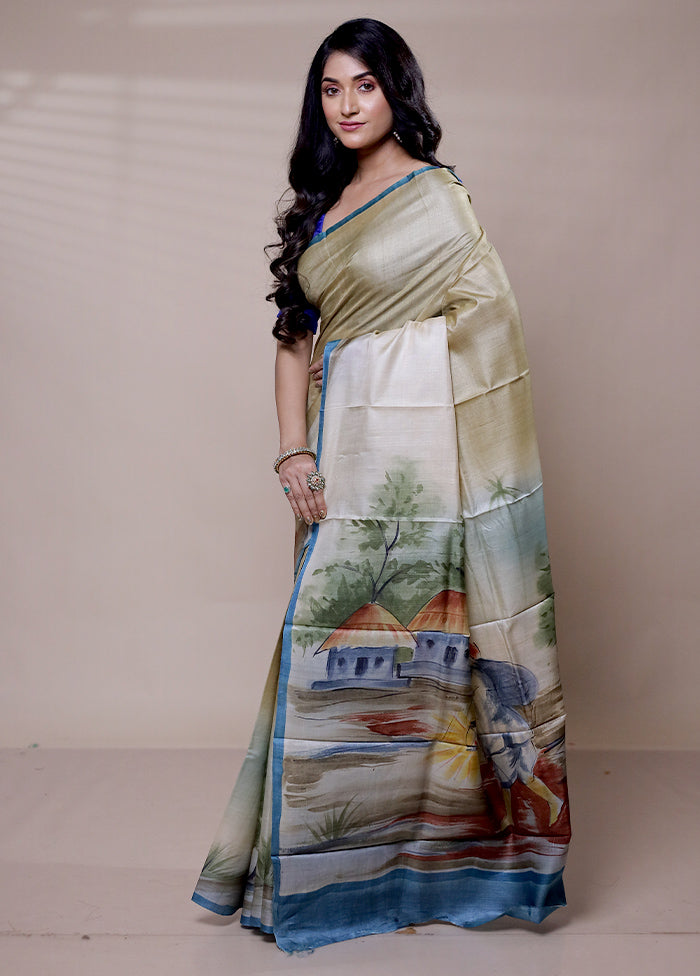 Cream Handloom Tussar Pure Silk Saree With Blouse Piece