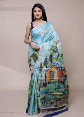 Blue Handloom Tussar Pure Silk Saree With Blouse Piece