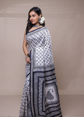 White Printed Pure Silk Saree Without Blouse Piece