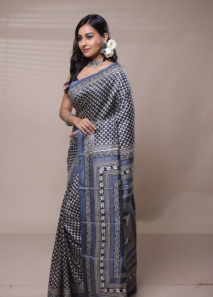 Grey Printed Pure Silk Saree Without Blouse Piece