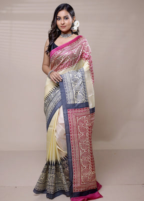 Yellow Printed Pure Silk Saree Without Blouse Piece