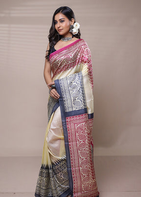 Yellow Printed Pure Silk Saree Without Blouse Piece