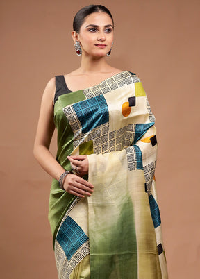 Green Printed Pure Silk Saree Without Blouse Piece