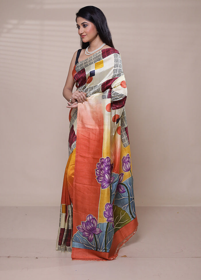 Cream Printed Pure Silk Saree Without Blouse Piece