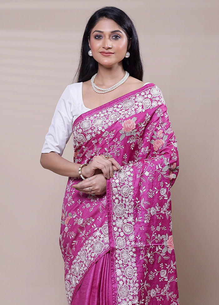 Pink Handloom Tussar Pure Silk Saree With Blouse Piece